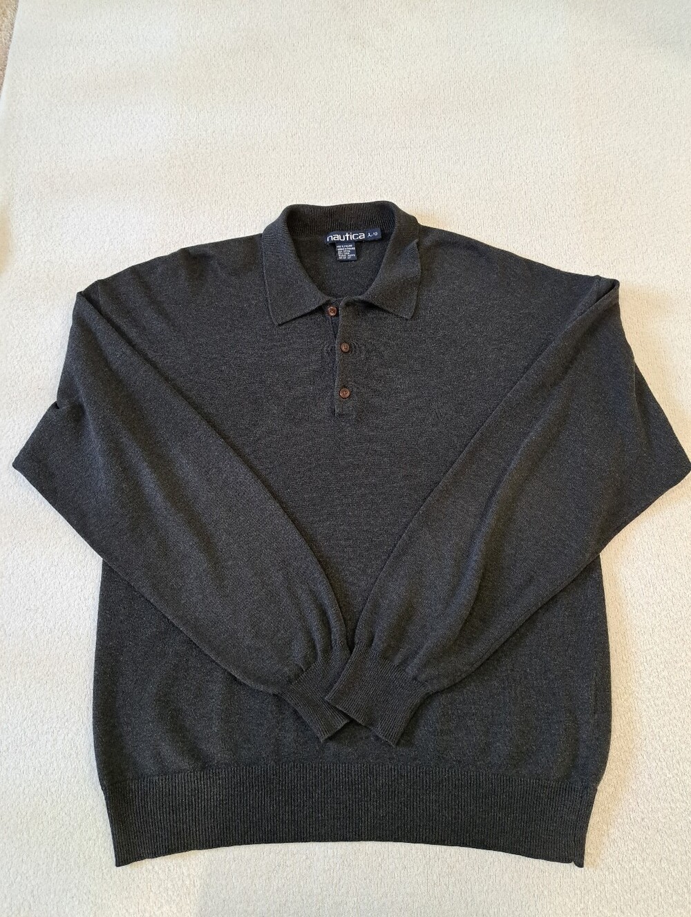Nautica Men's Dark Charcoal Gray Long Sleeve Polo Sweater Size Large Neutral